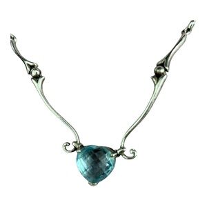 925 Sterling Silver Blue Topaz Heart Pendant Choker Necklace w/ Adjustable Chain